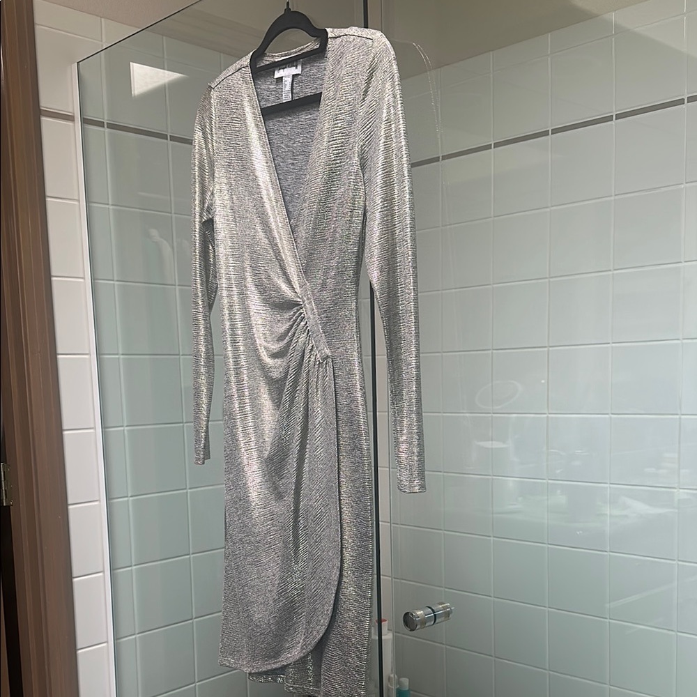 Joseph Ribkoff Shimmering Silver Long Sleeve Dress